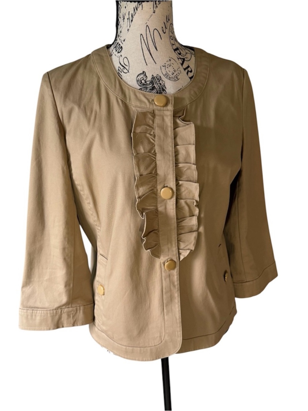 Talbots Black Label Ruffle Front Jacket|Blazer Tan|Khaki 3/4 Sleeve Cotton 10P
